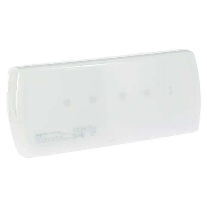 Legrand Luz de emergencia Ura 21 P-NP 100 - L x An x Al: 5,7 x 29,1 x 15 cm - Un producto Legrand blanco y oblongo, posiblemente una cubierta o un cerramiento, presentado sobre fondo blanco.