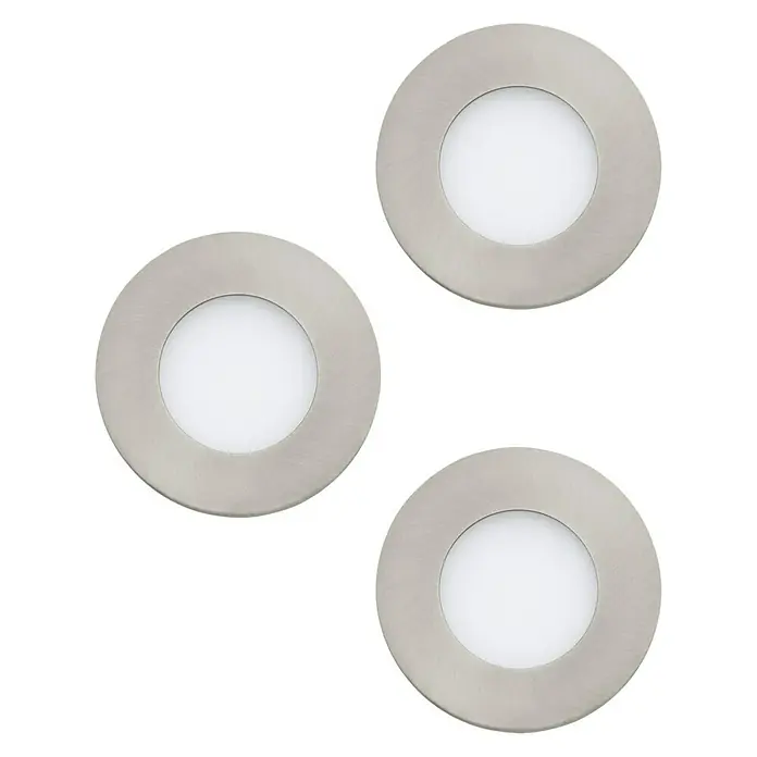 Eglo LED-Einbauleuchten-Set Fueva 1 - 8,1 W, Grau, Nickel, 3 Stk. - Drei runde LED-Einbauleuchten mit gebürstetem Metallrahmen auf schwarzem Hintergrund. Ideal für moderne Innenräume, energieeffizient und stilvoll.