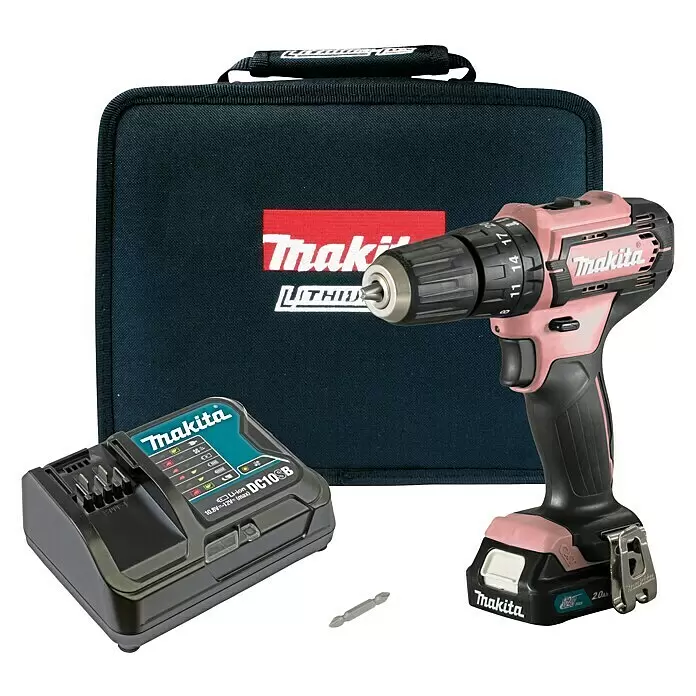 Makita Akku-Schlagbohrschrauber HP333DSAP1 - 12 V, 1 Akku, 2 Ah - Makita Akku-Bohrschrauber-Set in Pink-Schwarz mit Akku, Ladegerät, Transporttasche und Schrauberbit.