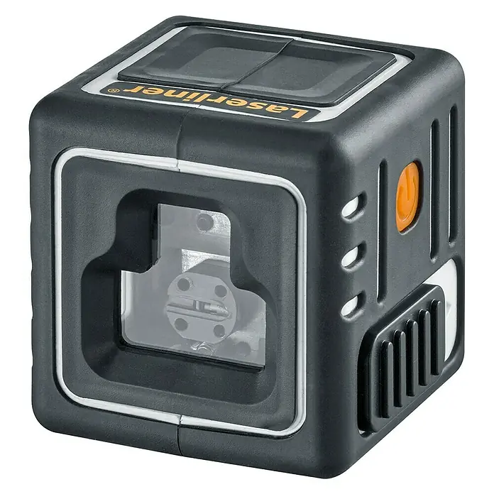 Laserliner Kreuzlinienlaser CompactCube 3 - Max. Arbeitsbereich: 15 m - Nahaufnahme eines Laserliner-Geräts in Würfelform, das für präzise Messungen und Ausrichtungen im Bau- oder Heimwerkerbereich verwendet wird.