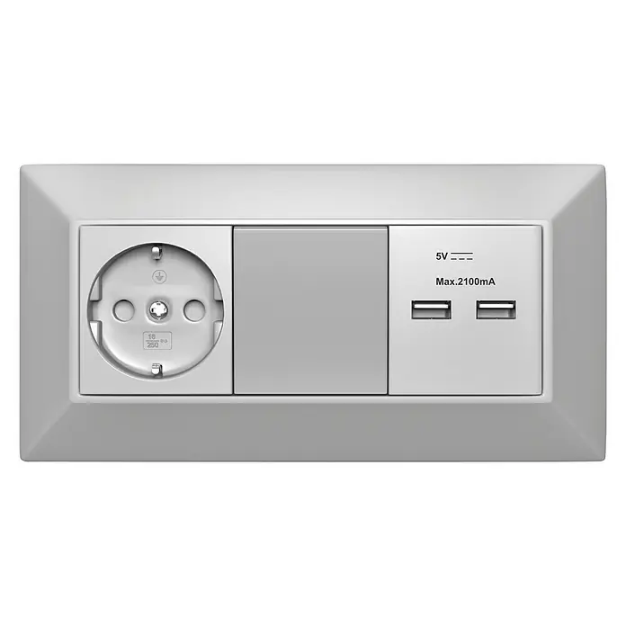 Camargue Espacio Schalterkombination - 16 A, USB-Anschlüsse - Steckdose mit USB-Anschlüssen: Eine moderne Steckdose mit zwei USB-Anschlüssen und einer maximalen Leistung von 2100mA.