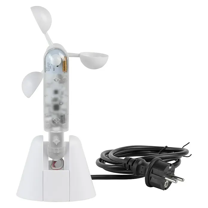 Wind- & Sonnensensor - 130 x 140 x 220 mm, Passend für: Sunfun Vollkassettenmarkisen inkl. LED & Crudo, Sunfun Hülsenmarkisen - Wetterstation mit Windmesser und Stromkabel. Das Gerät ist weiß und besteht aus einem Standfuß und einem transparenten Messzylinder.