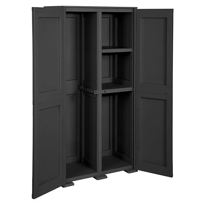 Kunststoff-Mehrzweckschrank Simplex - L x B x H: 43 x 79 x 164 cm - Abbildung eines grauen Kunststoffschranks mit offenen Türen und Regalen im Inneren, der Stauraum bietet.