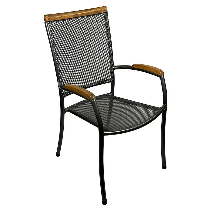 Gartensessel - Streckmetall, Stapelbar, Anthrazit/Holz, B x T x H: 67 x 55 x 95 cm - Schwarzer Metallstuhl mit Holzarmlehnen und Netzstruktur für Sitzfläche und Rückenlehne, ideal für den Garten.