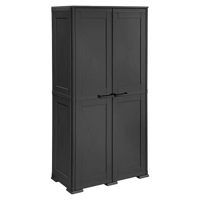 Kunststoff-Mehrzweckschrank Simplex - L x B x H: 43 x 79 x 164 cm - Ein geräumiger, grauer Kunststoff-Gartenschrank mit zwei Doppeltüren und X-förmigem Design für die Aufbewahrung im Außenbereich.