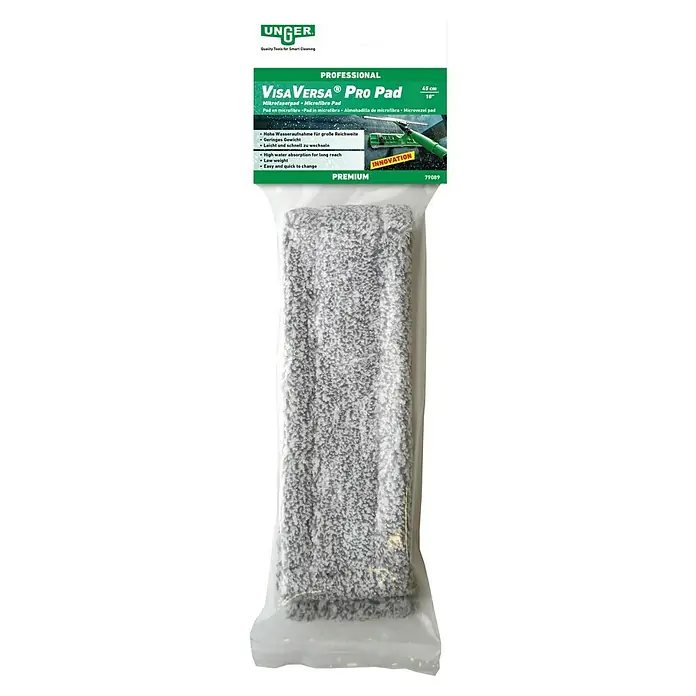 Unger Mikrofaser-Reinigungspad Visa Versa Pro - Breite Bezug: 45 cm, 100 % Polyacryl (Fasern) - Bild eines UNGER VisaVersa Pro Pad Mikrofaserpads in der Verpackung. Ideal für die Reinigung mit hoher Wasseraufnahme und einfacher Handhabung.