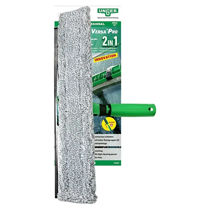 Unger Fensterwascher Visa Versa Pro - Breite Bezug: 45 cm, Grün - Abbildung eines Unger Versa Pro 2-in-1 Fensterreinigers mit einem 45 cm breiten Mopp und grünem Griff für die professionelle Fensterreinigung.