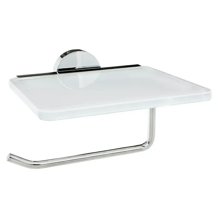 Camargue Monaco Toilettenpapierhalter - Chrom, Glänzend - Ein moderner Toilettenpapierhalter mit Ablage aus satiniertem Glas und verchromtem Metall für Badezimmer.