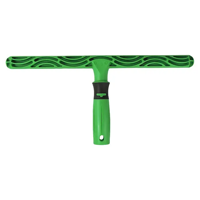 Unger ErgoTec Fenster-Einwascher Ninja - Breite: 45 cm - Ein grüner Ungefähr-T-förmiger Fensterwischer mit einem wellenförmigen Wischerblatt und einem Griff mit der Aufschrift "Unger" für streifenfreie Fenster.
