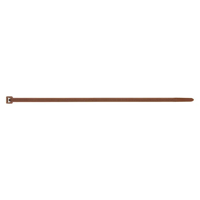 Index Bridas para cables de Nylon - An x L: 25 x 100 mm, Plástico, Marrón - Una brida marrón muestra su robusta construcción y sus aplicaciones versátiles.