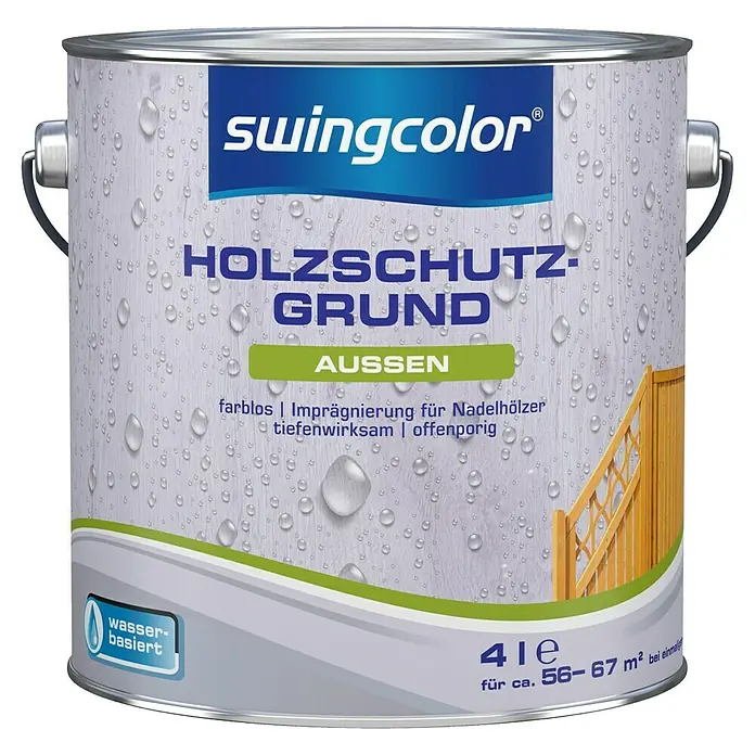 swingcolor Holzschutzgrund für Außen - Farblos, 4 l - Abbildung einer Dose Holzschutzgrundierung von Swingcolor. Das Produkt ist farblos, imprägnierend und für Nadelhölzer geeignet.