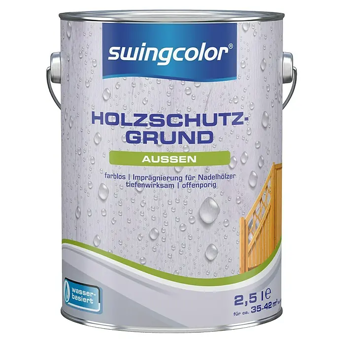 swingcolor Holzschutzgrund für Außen - Farblos, 2,5 l - Dose Holzschutz-Grundierung von Swingcolor für den Außenbereich, farblos, wasserbasiert, mit 2,5 Litern Inhalt.