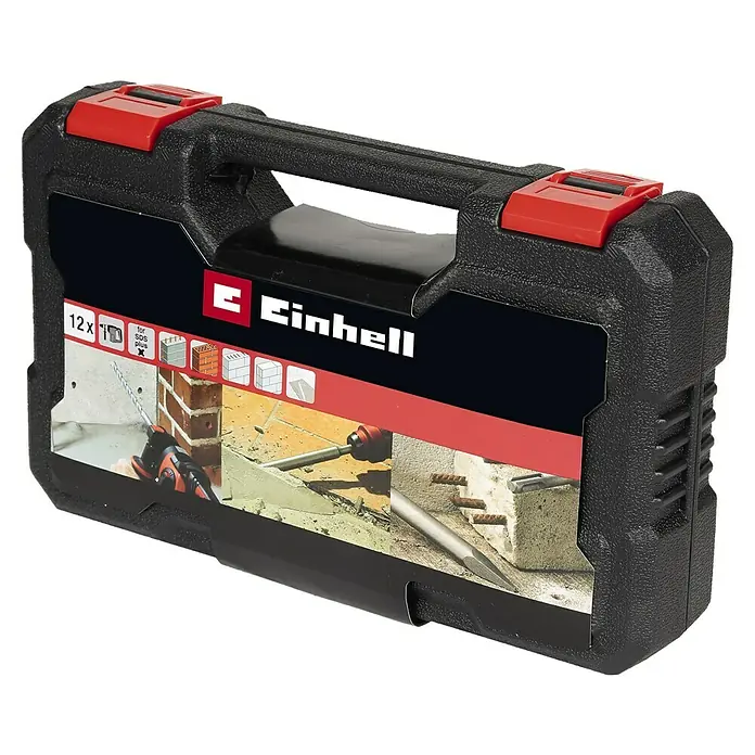 Einhell Bohr- & Meißel-Set - SDS Plus, 12 -tlg. - Ein Koffer mit einem Einhell-Bohrerset, das 12 Bohrer mit SDS-Plus-Schaft für verschiedene Materialien wie Beton, Ziegel und Stein enthält.