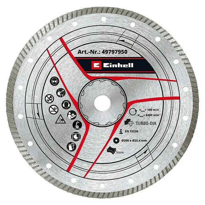 Einhell Diamant-Trennscheibe - Geeignet für: Steintrennmaschinen, Durchmesser Scheibe: 300 mm, Stärke Scheibe: 8 mm - Das Bild zeigt eine Einhell Diamanttrennscheibe mit der Artikelnummer 49797950, geeignet für Steintrennarbeiten mit einer maximalen Drehzahl von 6400 U/min.