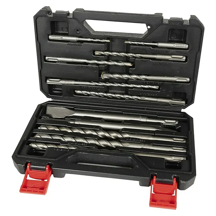 Einhell Bohr- & Meißel-Set - SDS Plus, 12 -tlg. - Ein schwarzer Werkzeugkoffer mit einer Auswahl an Bohrern und Meißeln unterschiedlicher Größe für Bau- und Heimwerkerprojekte.