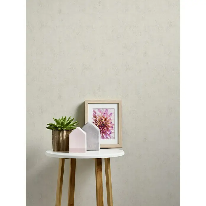 A.S. Création Neue Bude 2.0 ED II Vliestapete I - Beige, Uni, 10,05 x 0,53 m - Dekorative Tischszene mit Sukkulente in goldfarbenem Topf, zwei Häusern und einem gerahmten Blumenbild auf einem Beistelltisch.
