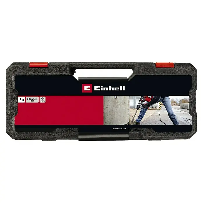 Einhell Bohr- & Meißel-Set - 5 -tlg., SDS Max - Ein kompakter Werkzeugkoffer von Einhell, ideal für Bohrer mit Durchmessern von 18, 20 und 25 mm, zur sicheren Aufbewahrung und einfachen Transport.