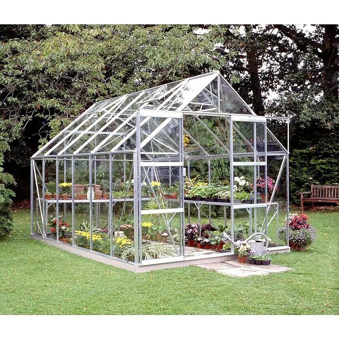 Halls Gewächshaus Magnum 128 - Außenmaß inkl. Dachüberstand (B x T): 257 x 384 cm, Silber, Wandstärke: 3 mm - Gewächshaus mit Pflanzenregalen, ideal für den Anbau von Gemüse und Blumen. Perfekt für Gartenliebhaber, die ihre Pflanzen schützen wollen.