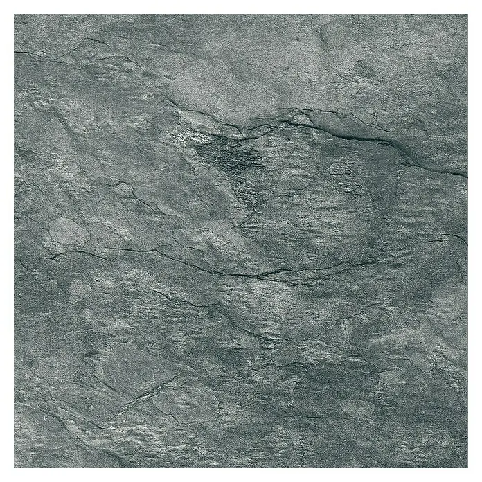 Decocer by Cinca Feinsteinzeugfliese Splash - 15 x 15 cm, Anthrazit, Matt - Nahaufnahme einer grauen Schieferplatte mit rauer Textur und natürlichen Rissen.