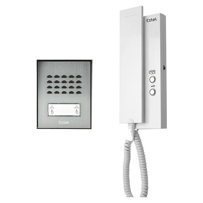 Extel Türsprechanlage Easy Bus 3 - 1-Familienhaus, 2-Draht-Technik - Bild von einem Extel-Türsprechanlagen-Set, bestehend aus einer Außenstation mit Klingeltasten und einer weißen Innenstation mit Hörer.