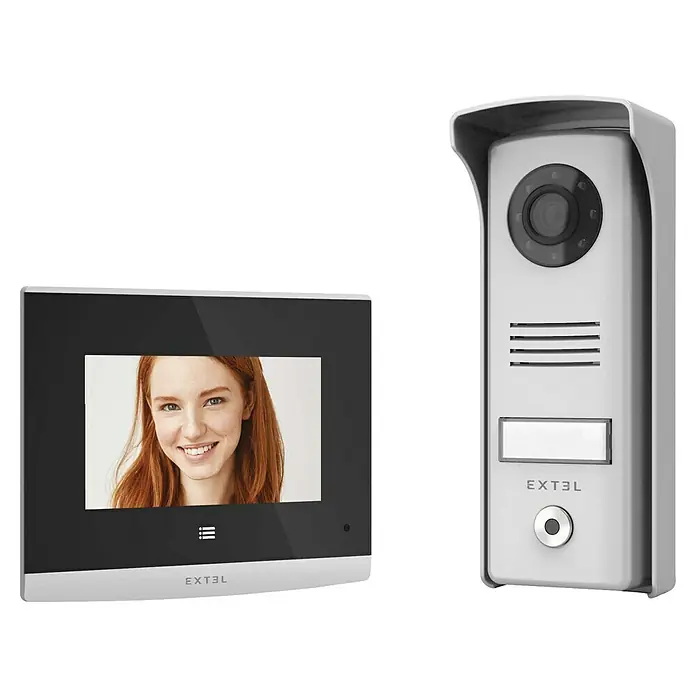 Extel Farb-Video-Türsprechanlage Compact - 2-Draht-Technik, Bildschirmgröße: 4″, 320 x 240 Pixel (QVGA) - Bild eines Extel-Video-Türsprechanlagensystems mit einem Monitor und einer Außenstation.