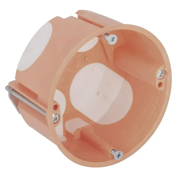 Dietzel Univolt Hohlwanddose - 65 x 45 mm, Mit Durchstoßmembran, Orange, 1 Stk. - Nahaufnahme einer orangefarbenen Unterputzdose für die Elektroinstallation mit Schrauben und Kabeleinführungen.
