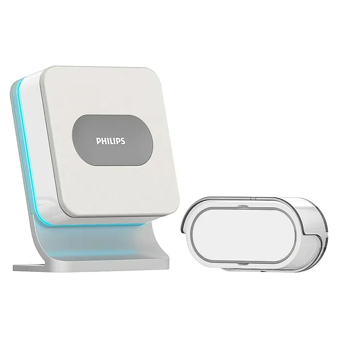 Philips Funk-Gong-Set WelcomeBell 300 Color - Reichweite Funk: 300 m, IP65, Kunststoff - Philips-Gerät mit Ladestation, elegantes Design in Weiß und Grau mit blauer Beleuchtung. Perfekt für den modernen Haushalt.