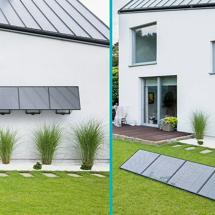 Avidsen Panel solar Soria - L x An x Al: 25 x 760 x 680 mm - Una casa moderna con paneles solares montados en la pared y colocados en el jardín, mostrando soluciones de energía ecológicas.