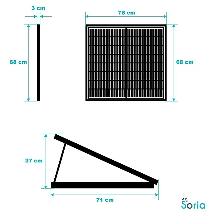 Avidsen Panel solar Soria - L x An x Al: 25 x 760 x 680 mm - Boceto del producto Sorias con dimensiones. El producto es rectangular con soporte.
