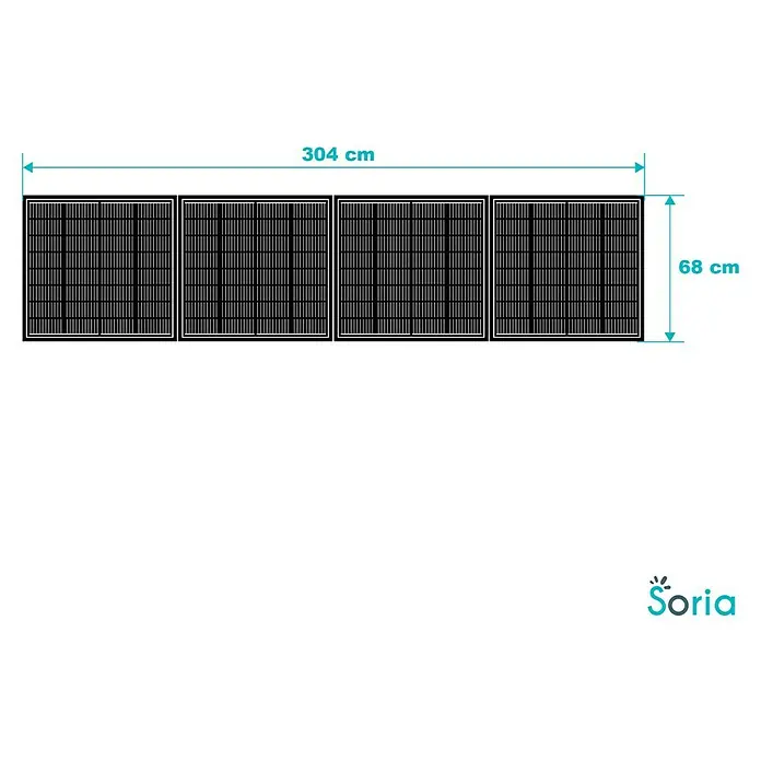 Avidsen Panel solar Soria - L x An x Al: 25 x 760 x 680 mm - Imagen del producto con cuatro paneles negros colocados uno al lado del otro, que miden 304 cm x 68 cm de dimensiones.