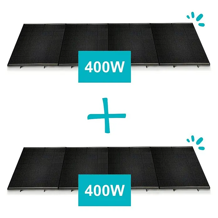 Avidsen Panel solar Soria - L x An x Al: 25 x 760 x 680 mm - Dos paneles solares de 400W se suman para aumentar la potencia total de salida, representado con un signo más en el medio.
