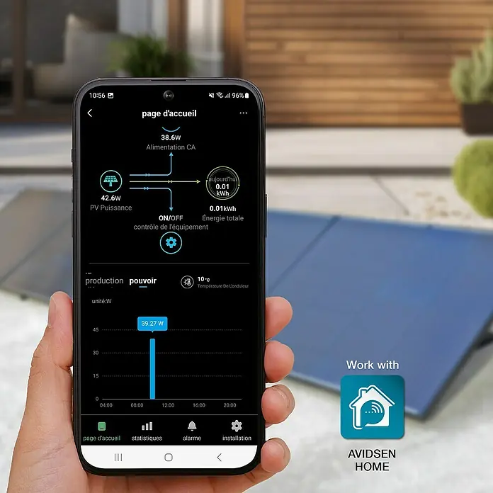Avidsen Panel solar Soria - L x An x Al: 25 x 760 x 680 mm - Primer plano de un teléfono inteligente con la aplicación Avidsen Home, que muestra los rendimientos solares y el consumo de energía.