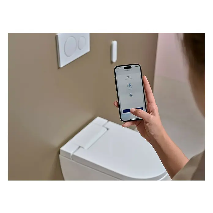Geberit Wand-Dusch-WC-Set AquaClean Alba - Spülrandlos, Ohne Spezialglasur, Spülform: Tief, WC Abgang: Waagerecht, Weiß - Intelligente Toilette gesteuert über ein Smartphone. Die App ermöglicht eine bequeme Steuerung der Duschfunktionen.