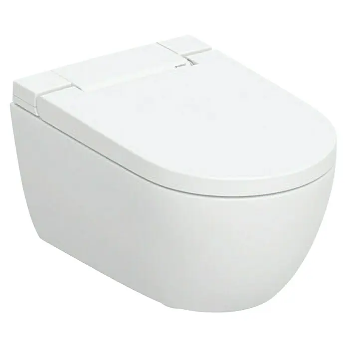 Geberit Wand-Dusch-WC-Set AquaClean Alba - Spülrandlos, Ohne Spezialglasur, Spülform: Tief, WC Abgang: Waagerecht, Weiß - Nahaufnahme einer modernen, wandhängenden Toilette in Weiß, die ein elegantes und minimalistisches Baddesign betont.