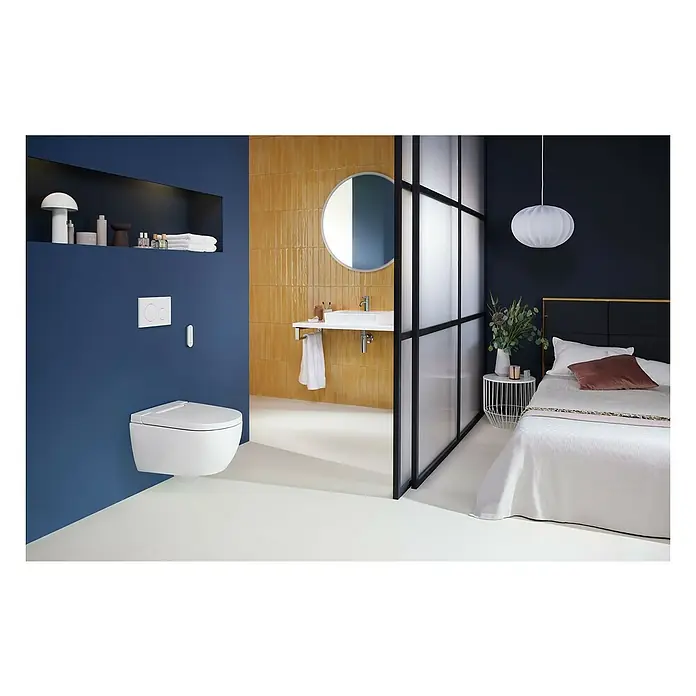 Geberit Wand-Dusch-WC-Set AquaClean Alba - Spülrandlos, Ohne Spezialglasur, Spülform: Tief, WC Abgang: Waagerecht, Weiß - Elegantes Badezimmerdesign mit einer modernen, wandhängenden Toilette, die durch ihr minimalistisches Design und die sauberen Linien besticht.