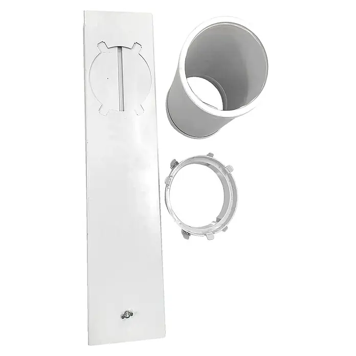 Fulmo Aislamiento para ventanas - Blanco, Ancho: 120 cm - Primer plano de un kit de tubería de desagüe blanco con un tubo recto, un soporte y un manguito.