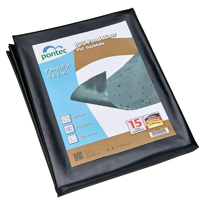 Pontec PVC-Teichfolie - Stärke: 0,5 mm, 4 x 3 m - Schwarze PVC-Teichfolie von Pontec, 4x3m groß, gefaltet in der Verpackung.