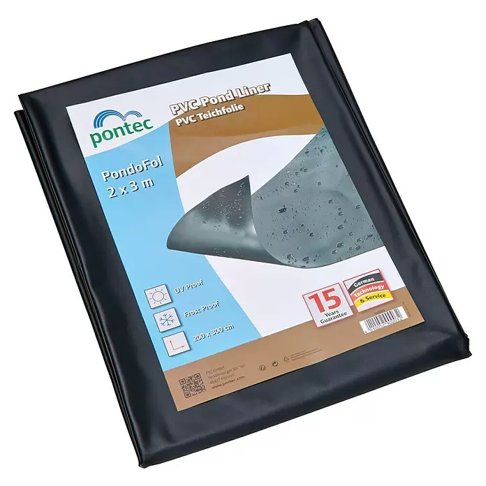 Pontec PVC-Teichfolie - Stärke: 0,5 mm, 2 x 3 m - Schwarze PVC-Teichfolie, verpackt, mit Etikett zeigt Größe 2x3m und Merkmale.