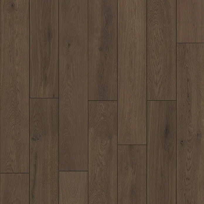 LOGOCLIC Vinto Laminat Classic - Eiche Cocoa, Landhausdiele, 1.288 x 195 x 8 mm - Dunkler Holzbodenbelag mit Maserung und rechteckigen Dielen, ideal für ein warmes und elegantes Raumambiente.