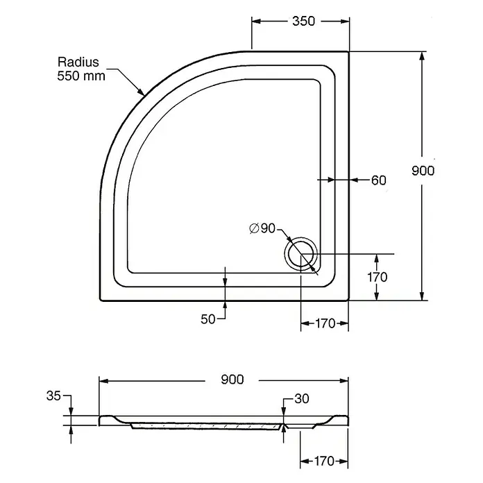 Ottofond Duschwannen-Set Rico - L x B: 90 x 90 cm, Kunststoff, Weiß, Mit Duschwannenfuß - Technische Zeichnung einer Duschwanne mit Radius 550 mm und Abmessungen von 900 x 350 mm, inklusive Detailansicht der Profilhöhe und Abfluss.