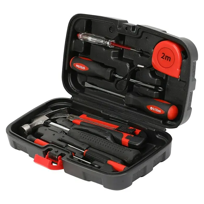 Fulmo Maletín de herramientas con cinta de 2 m - 9 pzs. - Caja de herramientas abierta con martillo, destornilladores, cúter y cinta métrica. Ideal para amantes del bricolaje.