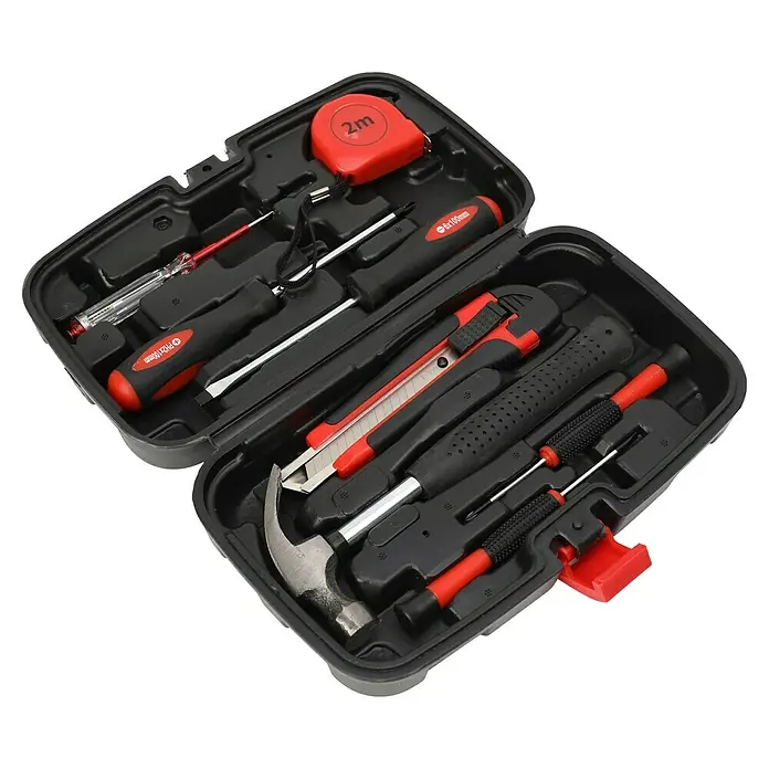 Fulmo Maletín de herramientas con cinta de 2 m - 9 pzs. - Caja de herramientas abierta con martillo, destornilladores, cinta métrica y cúter. Práctico juego de herramientas para bricolaje y reparaciones.