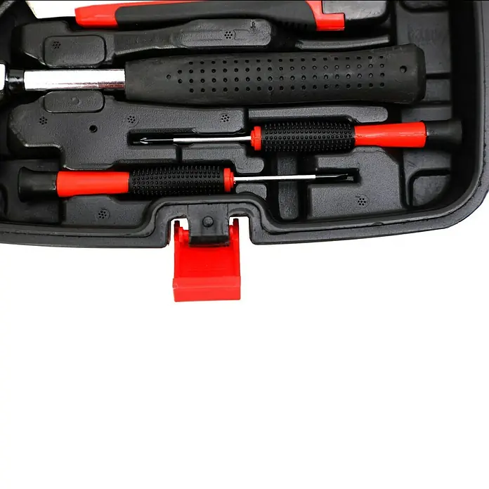 Fulmo Maletín de herramientas con cinta de 2 m - 9 pzs. - Caja de herramientas con martillo, destornilladores y alicates, ideal para aficionados al bricolaje y profesionales. El conjunto ofrece un equipo versátil.