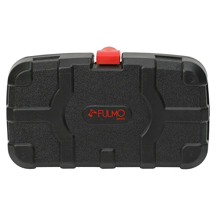 Fulmo Maletín de herramientas con cinta de 2 m - 9 pzs. - Caja de herramientas negra con cierre rojo y logotipo rojo de Fulmo Brico.