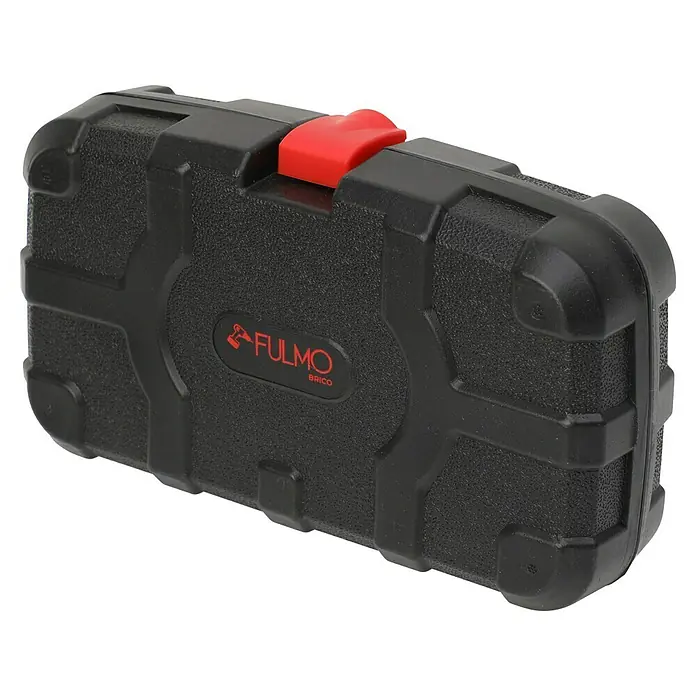 Fulmo Maletín de herramientas con cinta de 2 m - 9 pzs. - Caja de herramientas negra Fulmo Brico con cierre rojo. Un contenedor compacto y duradero para herramientas y accesorios.