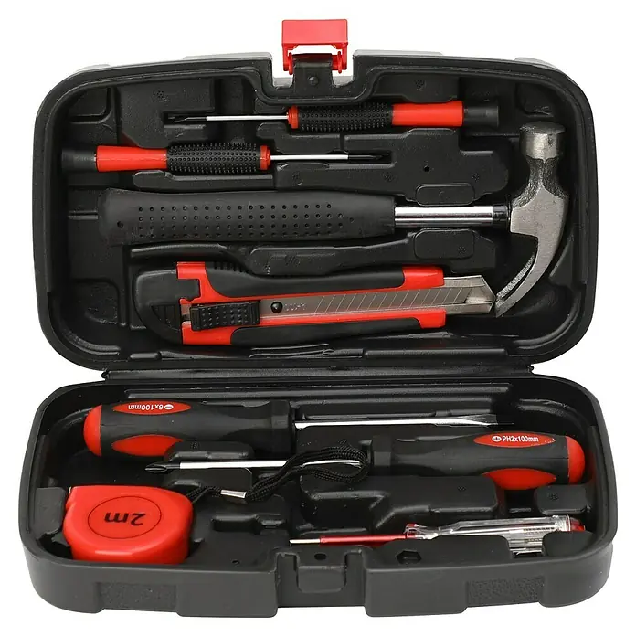 Fulmo Maletín de herramientas con cinta de 2 m - 9 pzs. - Caja de herramientas abierta con diversas herramientas como martillo, destornilladores y cúter, ideal para aficionados al bricolaje.