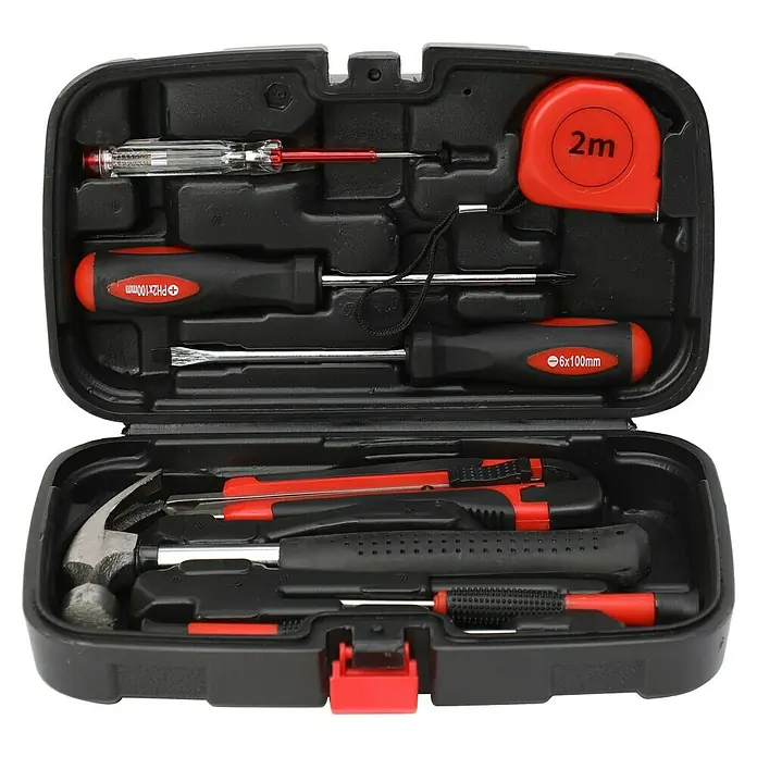 Fulmo Maletín de herramientas con cinta de 2 m - 9 pzs. - Una caja de herramientas negra abierta con varias herramientas como martillo, destornilladores y cinta métrica. Ideal para proyectos de bricolaje.