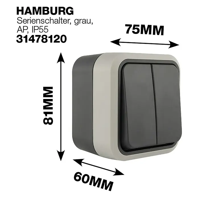 Hamburg Feuchtraum-Serienschalter - Grau/Anthrazit, Aufputzmontage, IP55 - Produktbild: HAMBURG Serienschalter, grau, AP, IP55, 31478120 mit den Maßen 75 mm Breite, 81 mm Höhe und 60 mm Tiefe.