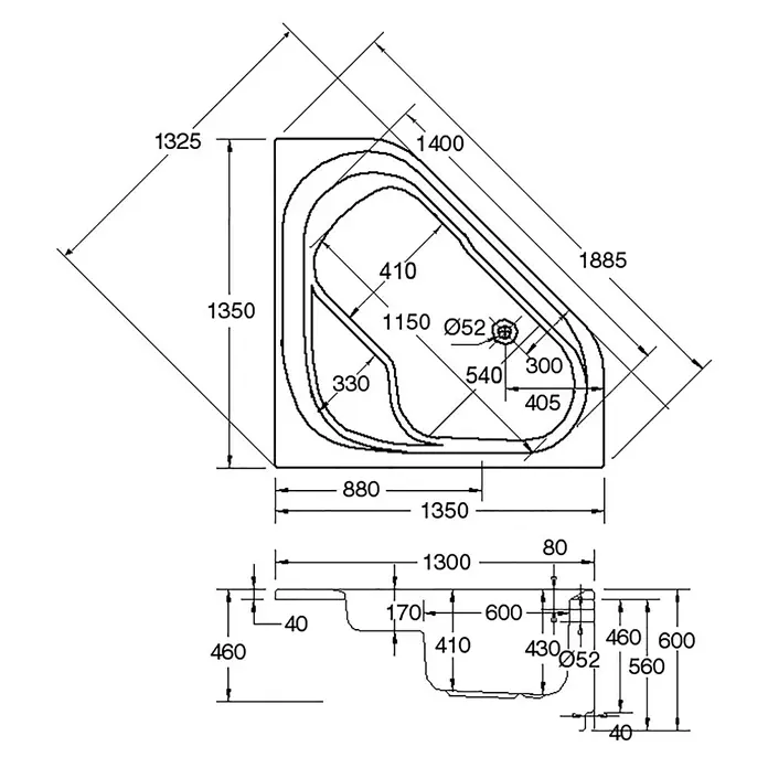 Ottofond Eckbadewannen-Set Tampa - L x B: 135 x 135 cm, Sanitäracryl, Weiß, Mit Badewannenträger - Technische Zeichnung einer Eckbadewanne mit Maßen für Installation und Design.