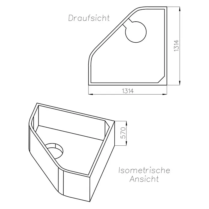 Ottofond Eckbadewannen-Set Tampa - L x B: 135 x 135 cm, Sanitäracryl, Weiß, Mit Badewannenträger - Draufsicht und isometrische Ansicht einer Duschwanne mit den Maßen 1314 x 1314 mm und einer Höhe von 570 mm.